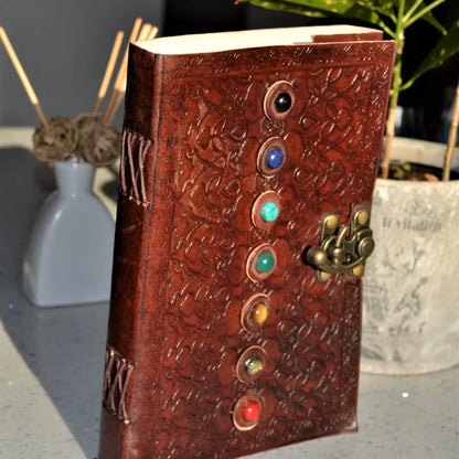 Handcrafted 7 Chakra leather journal with stones & recycled paper. Perfect for mindfulness, meditation, stress relief & as a meaningful eco-friendly gift.