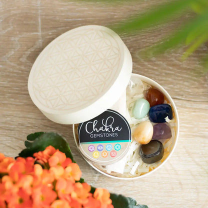 Chakra Gemstone Crystal Healing Gift Set – 7 Tumbled Crystals with Flower of Life Box