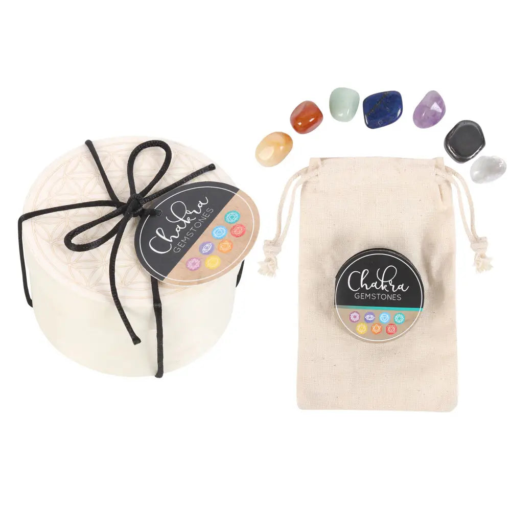 Chakra Gemstone Crystal Healing Gift Set – 7 Tumbled Crystals with Flower of Life Box