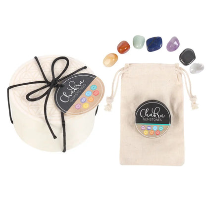 Chakra Gemstone Crystal Healing Gift Set – 7 Tumbled Crystals with Flower of Life Box