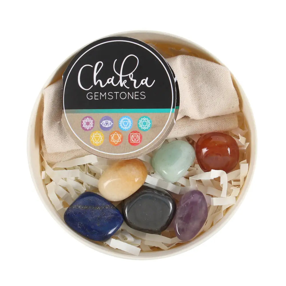 Chakra Gemstone Crystal Healing Gift Set – 7 Tumbled Crystals with Flower of Life Box
