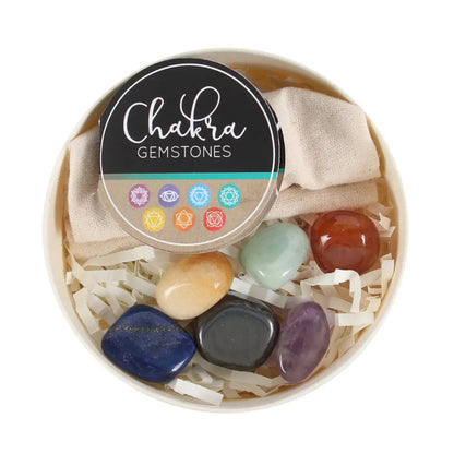 Chakra Gemstone Crystal Healing Gift Set – 7 Tumbled Crystals with Flower of Life Box