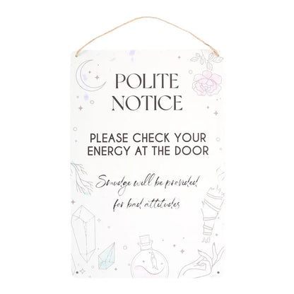 Check Your Energy at the Door Metal Hanging Sign – Humorous Crystal & Smudge Stick Wall Décor