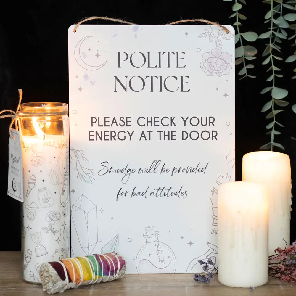 Check Your Energy at the Door Metal Hanging Sign – Humorous Crystal & Smudge Stick Wall Décor