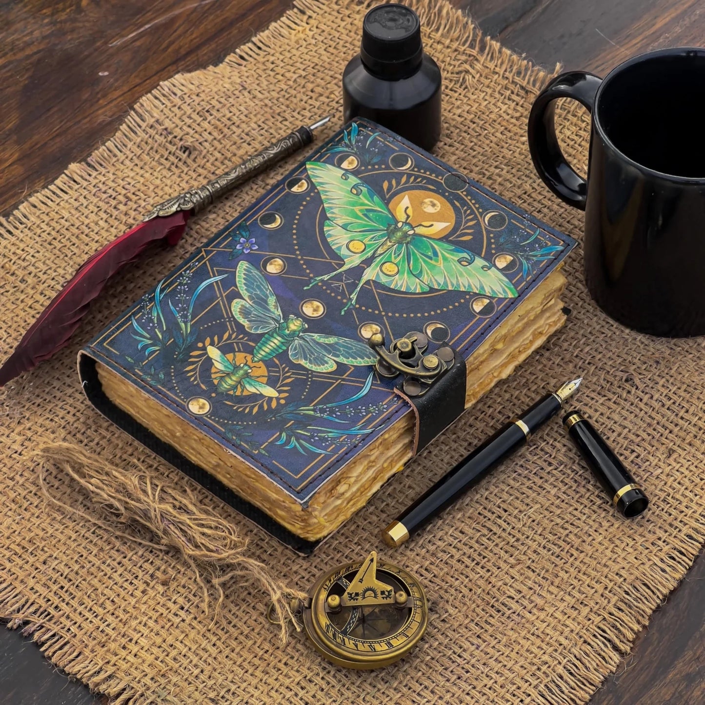 Leather Journal Vintage Notebook with Butterfly Print – Handmade Real Leather Diary