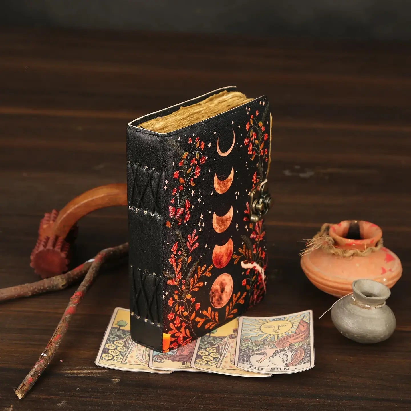 Leather Journal Blank Vintage Notebook with Moon Print – Handmade Real Leather Diary