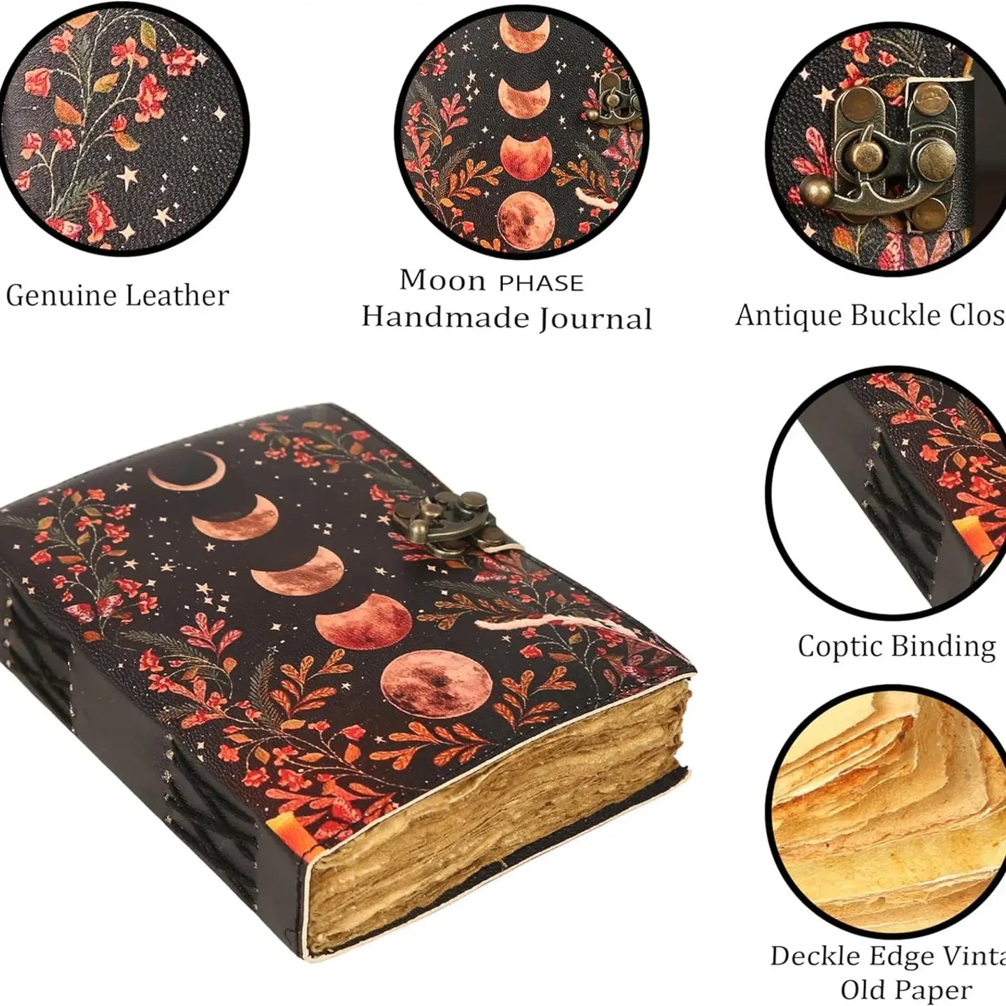 Leather Journal Blank Vintage Notebook with Moon Print – Handmade Real Leather Diary