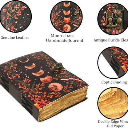 Leather Journal Blank Vintage Notebook with Moon Print – Handmade Real Leather Diary