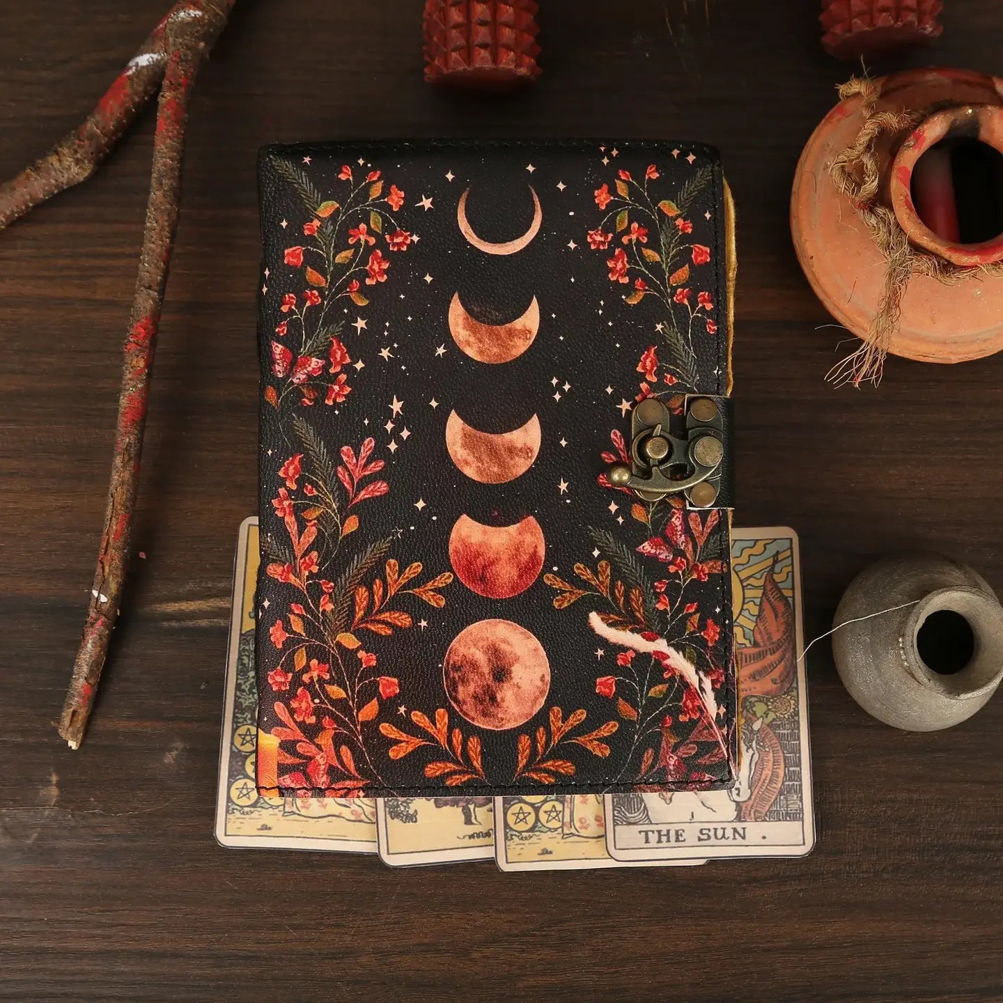 Leather Journal Blank Vintage Notebook with Moon Print – Handmade Real Leather Diary