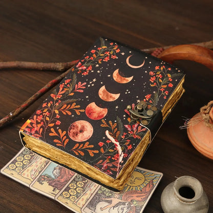 Leather Journal Blank Vintage Notebook with Moon Print – Handmade Real Leather Diary