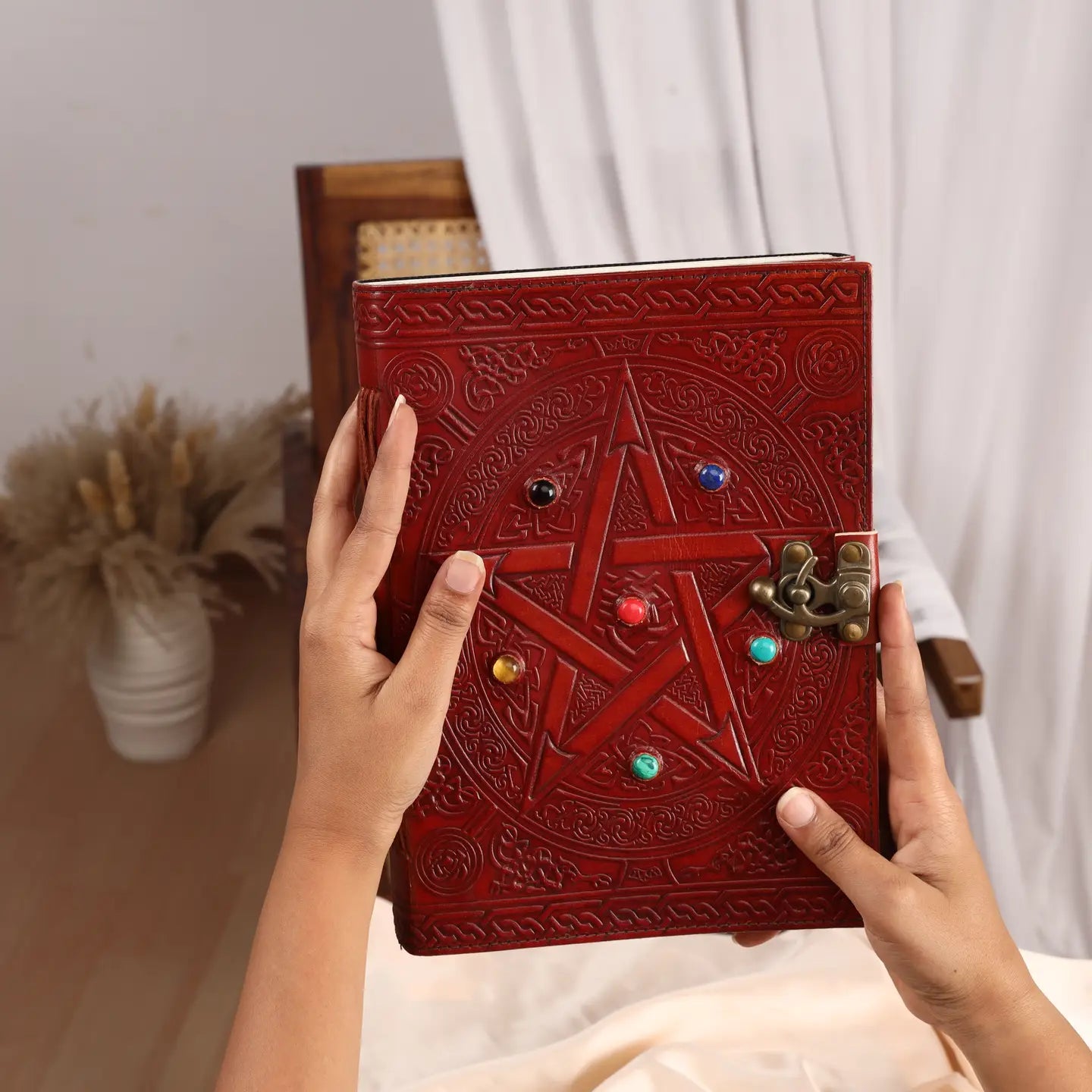 Leather Journal with 6 Precious Pentagram Stones – Handmade Vintage Diary for Writing, Mindfulness & Meditation