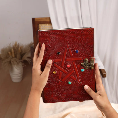 Leather Journal with 6 Precious Pentagram Stones – Handmade Vintage Diary for Writing, Mindfulness & Meditation