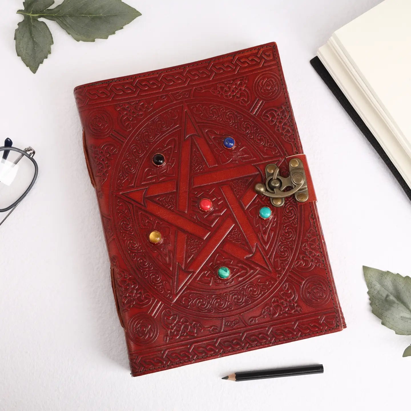 Leather Journal with 6 Precious Pentagram Stones – Handmade Vintage Diary for Writing, Mindfulness & Meditation