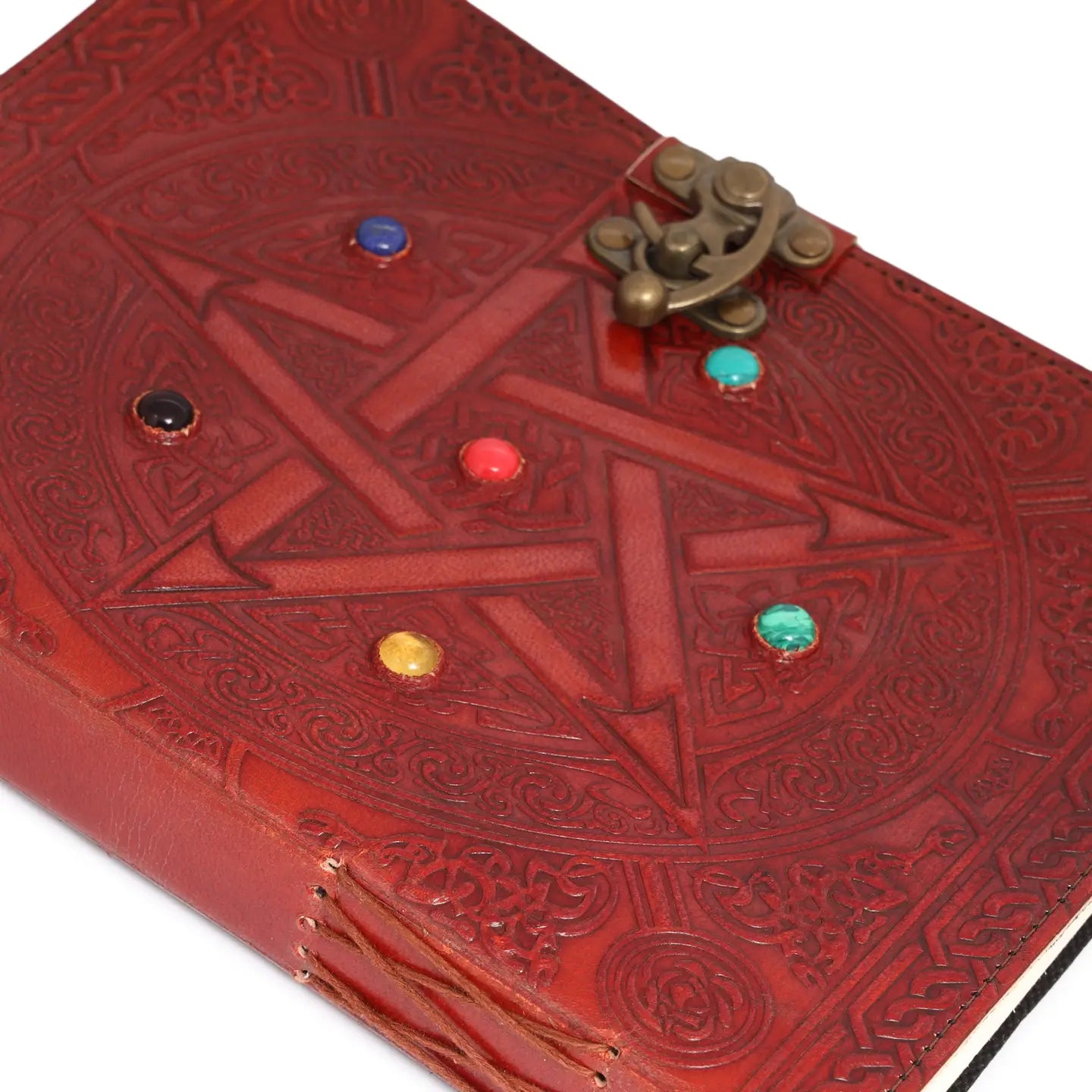 Leather Journal with 6 Precious Pentagram Stones – Handmade Vintage Diary for Writing, Mindfulness & Meditation