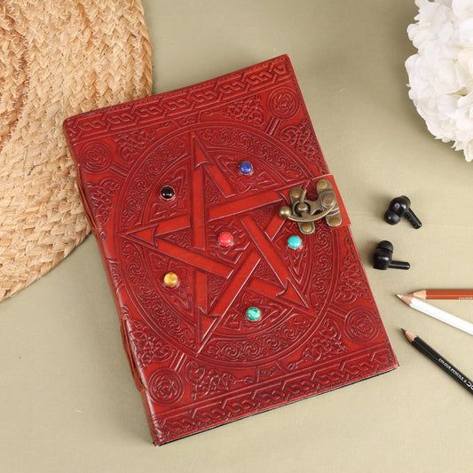 Leather Journal with 6 Precious Pentagram Stones – Handmade Vintage Diary for Writing, Mindfulness & Meditation