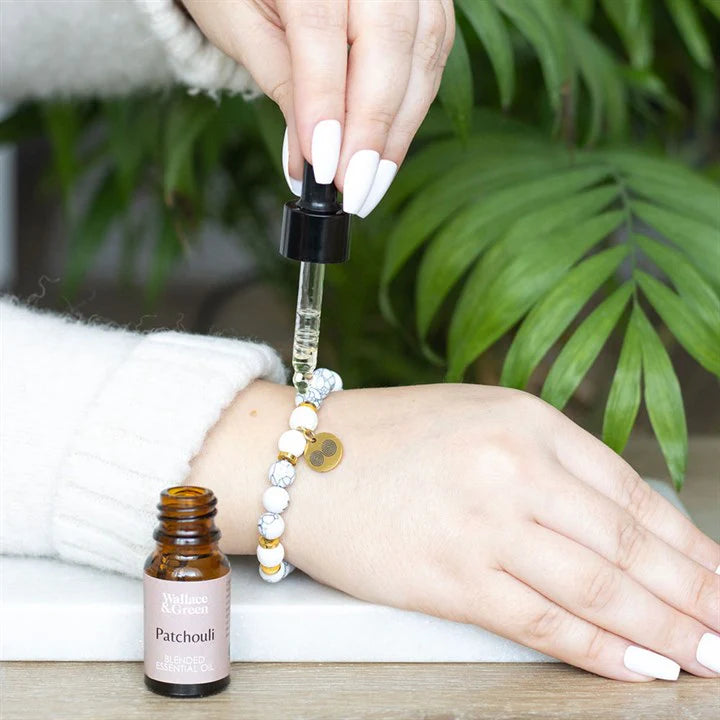 Stress Less Howlite Crystal Essential Oil Bracelet – Lava Bead Diffuser with Patchouli Oil