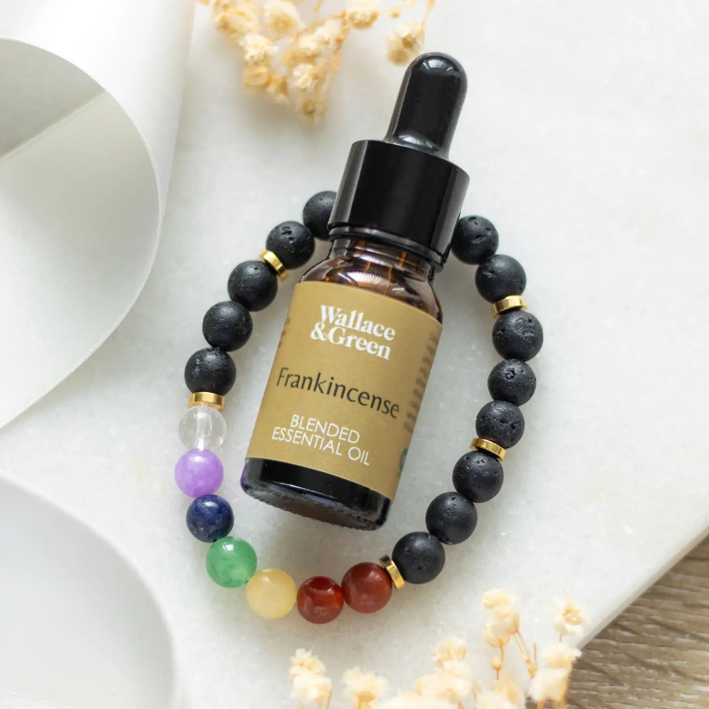 Seven Chakras Lava Bead Bracelet with Frankincense Oil – Healing Crystal Diffuser Gift Set