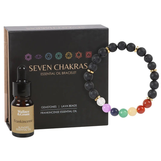 Seven Chakras Lava Bead Bracelet with Frankincense Oil – Healing Crystal Diffuser Gift Set