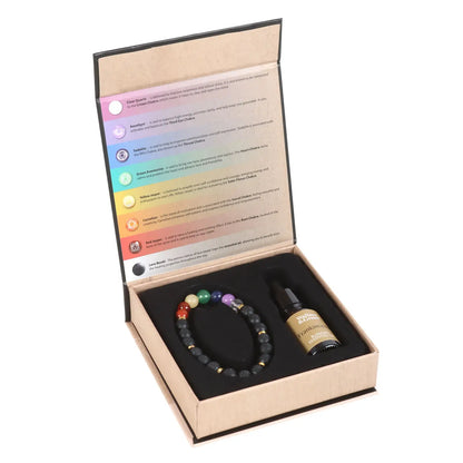 Seven Chakras Lava Bead Bracelet with Frankincense Oil – Healing Crystal Diffuser Gift Set