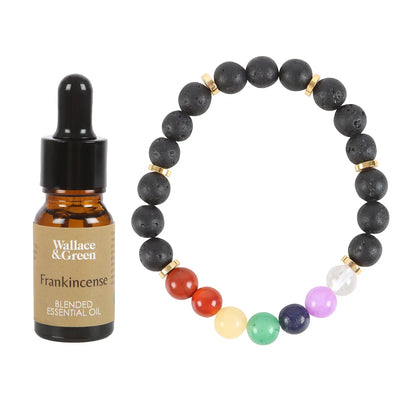 Seven Chakras Lava Bead Bracelet with Frankincense Oil – Healing Crystal Diffuser Gift Set