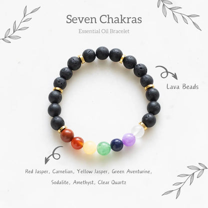 Seven Chakras Lava Bead Bracelet with Frankincense Oil – Healing Crystal Diffuser Gift Set