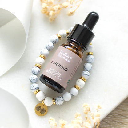 Stress Less Howlite Crystal Essential Oil Bracelet – Lava Bead Diffuser with Patchouli Oil
