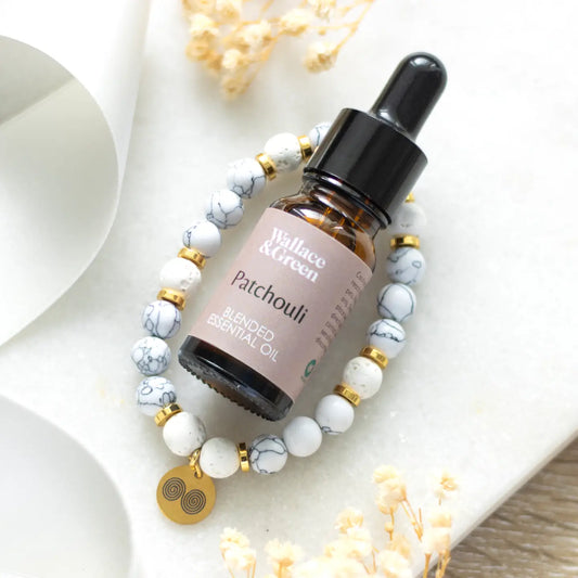 Stress Less Howlite Crystal Essential Oil Bracelet – Lava Bead Diffuser with Patchouli Oil