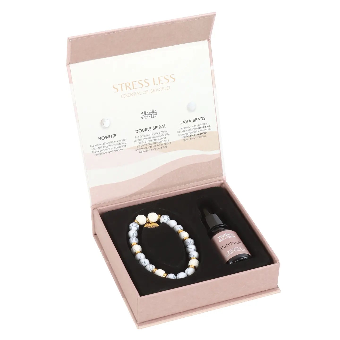 Stress Less Howlite Crystal Essential Oil Bracelet – Lava Bead Diffuser with Patchouli Oil