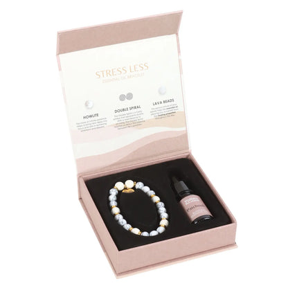 Stress Less Howlite Crystal Essential Oil Bracelet – Lava Bead Diffuser with Patchouli Oil