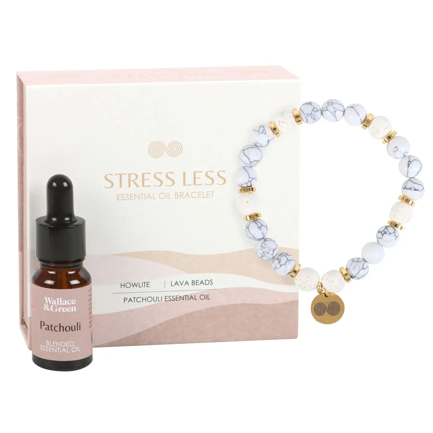 Stress Less Howlite Crystal Essential Oil Bracelet – Lava Bead Diffuser with Patchouli Oil