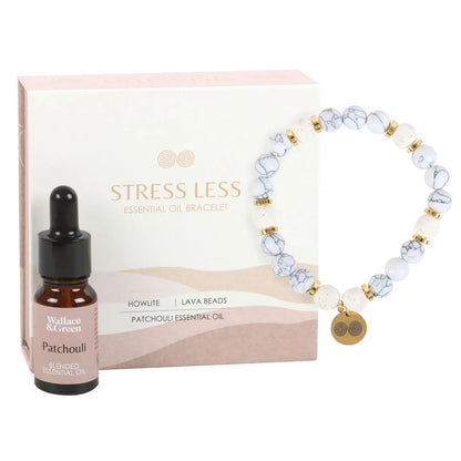 Stress Less Howlite Crystal Essential Oil Bracelet – Lava Bead Diffuser with Patchouli Oil