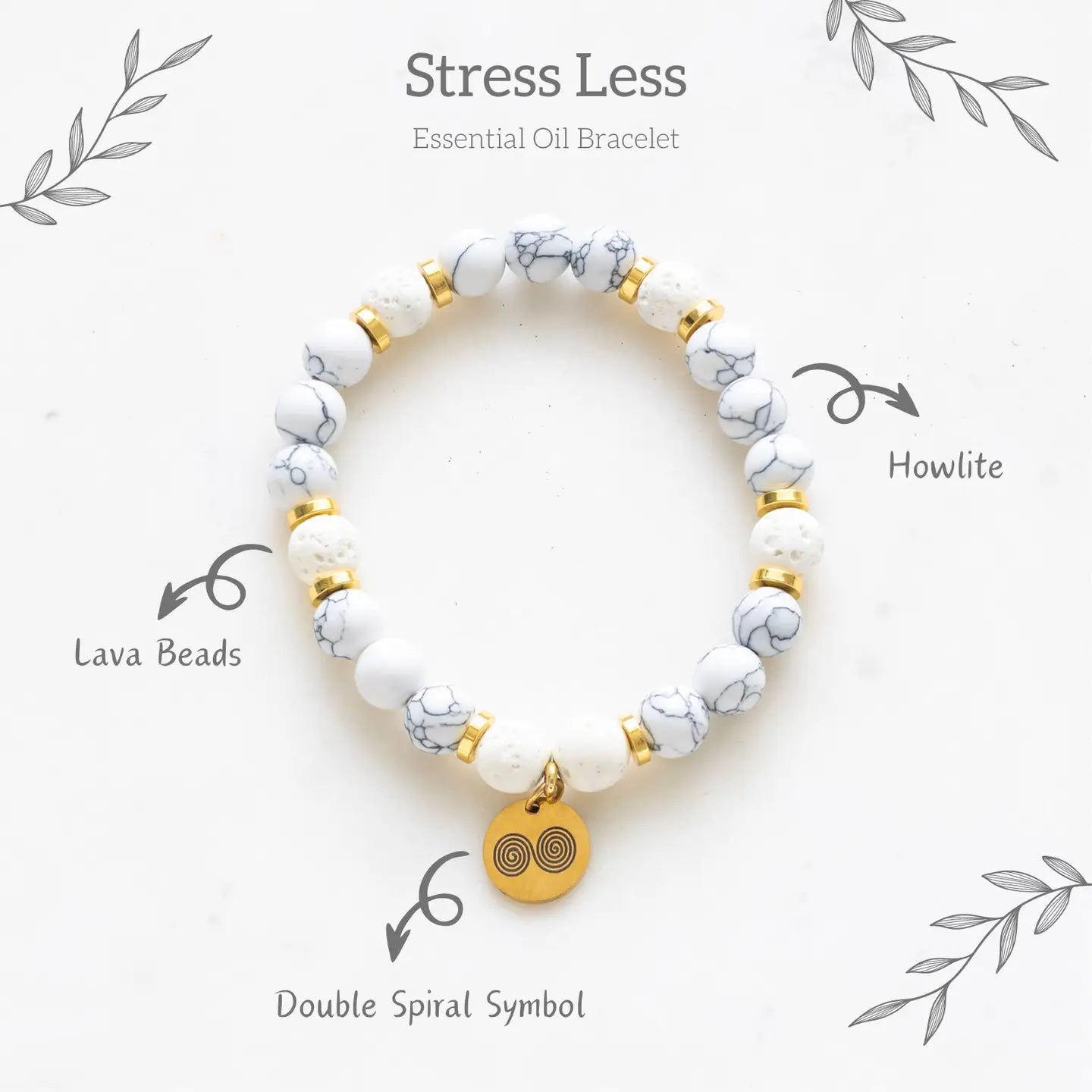 Stress Less Howlite Crystal Essential Oil Bracelet – Lava Bead Diffuser with Patchouli Oil