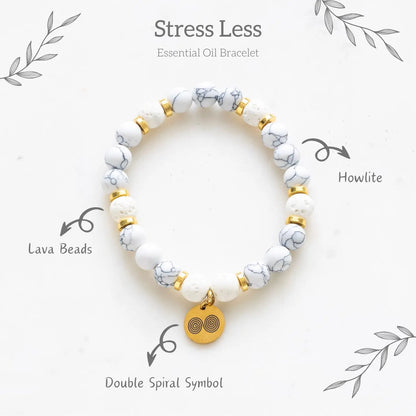 Stress Less Howlite Crystal Essential Oil Bracelet – Lava Bead Diffuser with Patchouli Oil