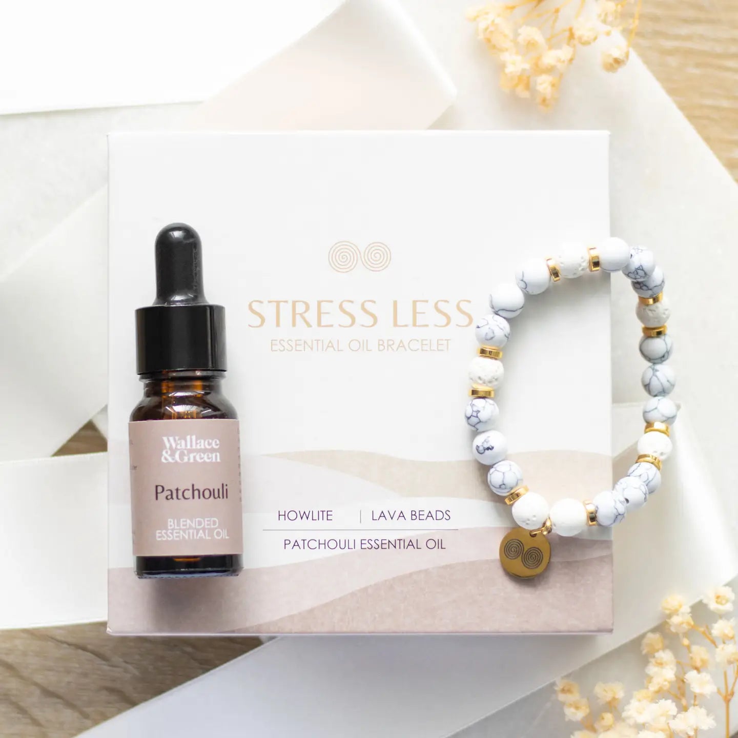 Stress Less Howlite Crystal Essential Oil Bracelet – Lava Bead Diffuser with Patchouli Oil