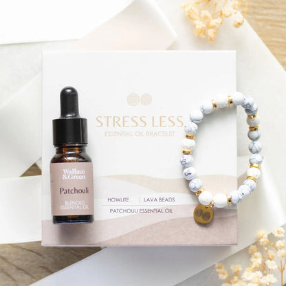 Stress Less Howlite Crystal Essential Oil Bracelet – Lava Bead Diffuser with Patchouli Oil