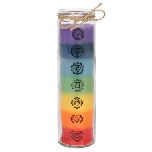 Seven Chakra Tall Candle in Glass Holder – Coloured Wax with Chakra Symbols for Yoga, Meditation, and Reiki
