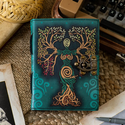 Vintage Leather Journal Diary with Mother of Earth Print – Handmade, Eco-Friendly
