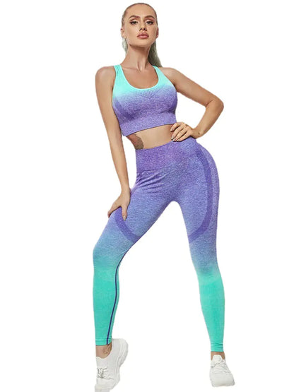 Tie Dye Gradient Seamless Yoga Set for Women – 2-Piece High Waist Leggings & Sports Bra