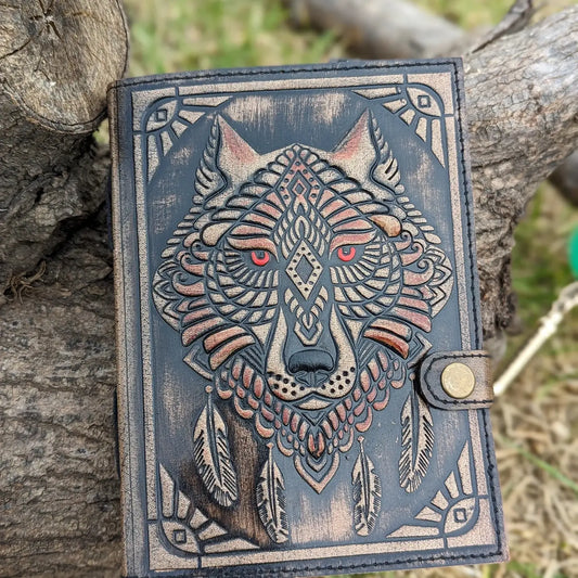Leather Embossed Wolf Journal – Handmade Buffalo Leather Notebook with 200 Recycled Pages