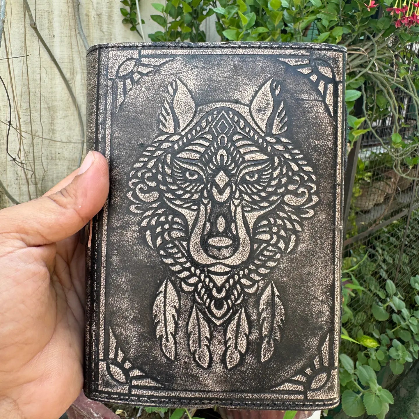 Leather Embossed Wolf Journal – Handmade Buffalo Leather Notebook with 200 Recycled Pages