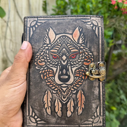 Leather Embossed Wolf Journal – Handmade Buffalo Leather Notebook with 200 Recycled Pages