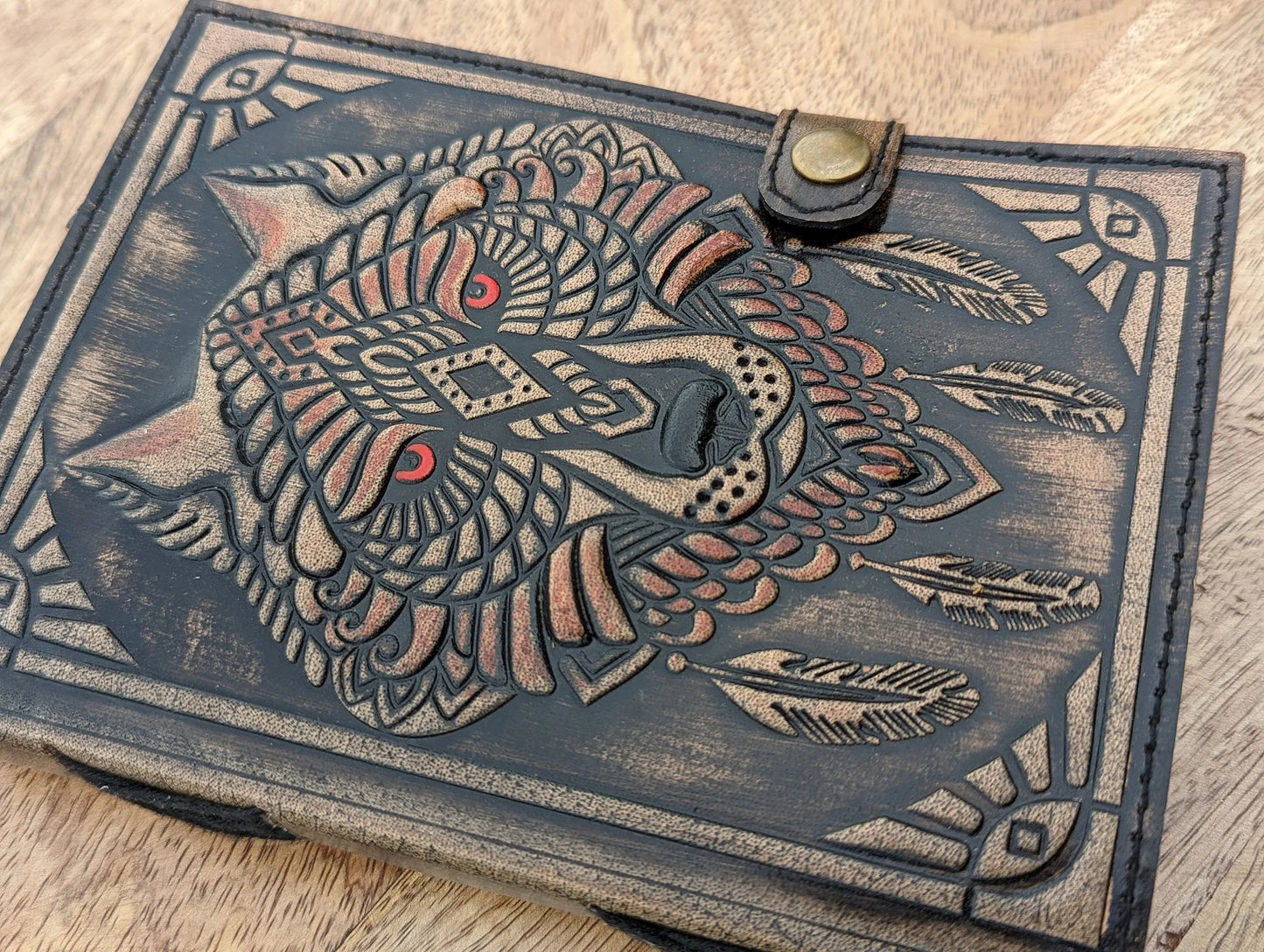 Leather Embossed Wolf Journal – Handmade Buffalo Leather Notebook with 200 Recycled Pages