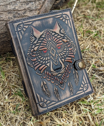 Leather Embossed Wolf Journal – Handmade Buffalo Leather Notebook with 200 Recycled Pages